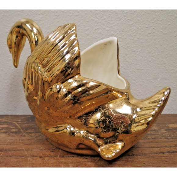 Vintage Swan Planter Hand Painted 22 Kt Gold Pearl China Co Flower Designs - Picture 4 of 6